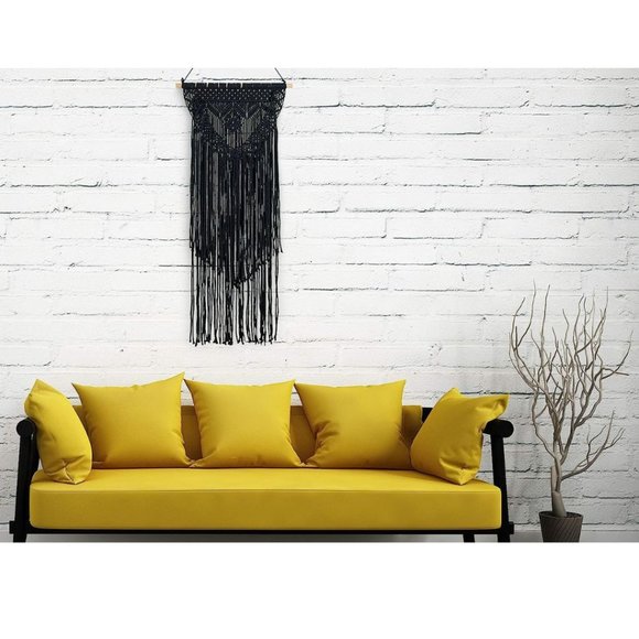 Boho Black Macrame Wall Hanging Woven Decor - Black 16 x 36 Inches - Picture 2 of 8